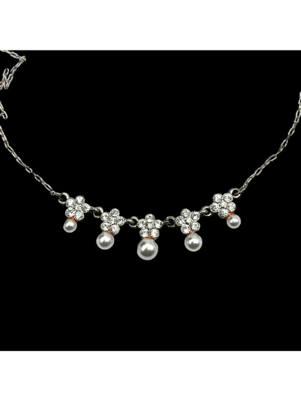 Multi Strand Necklace Stack Chain + Faux Pearl Crystal Silver Tone Vtg LC - Picture 9 of 9